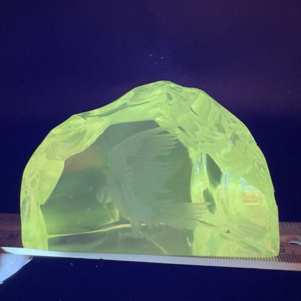 Vintage Nybro Sweden Clear Glass Paperweight Manganese 365nm Green UV Glow Glass